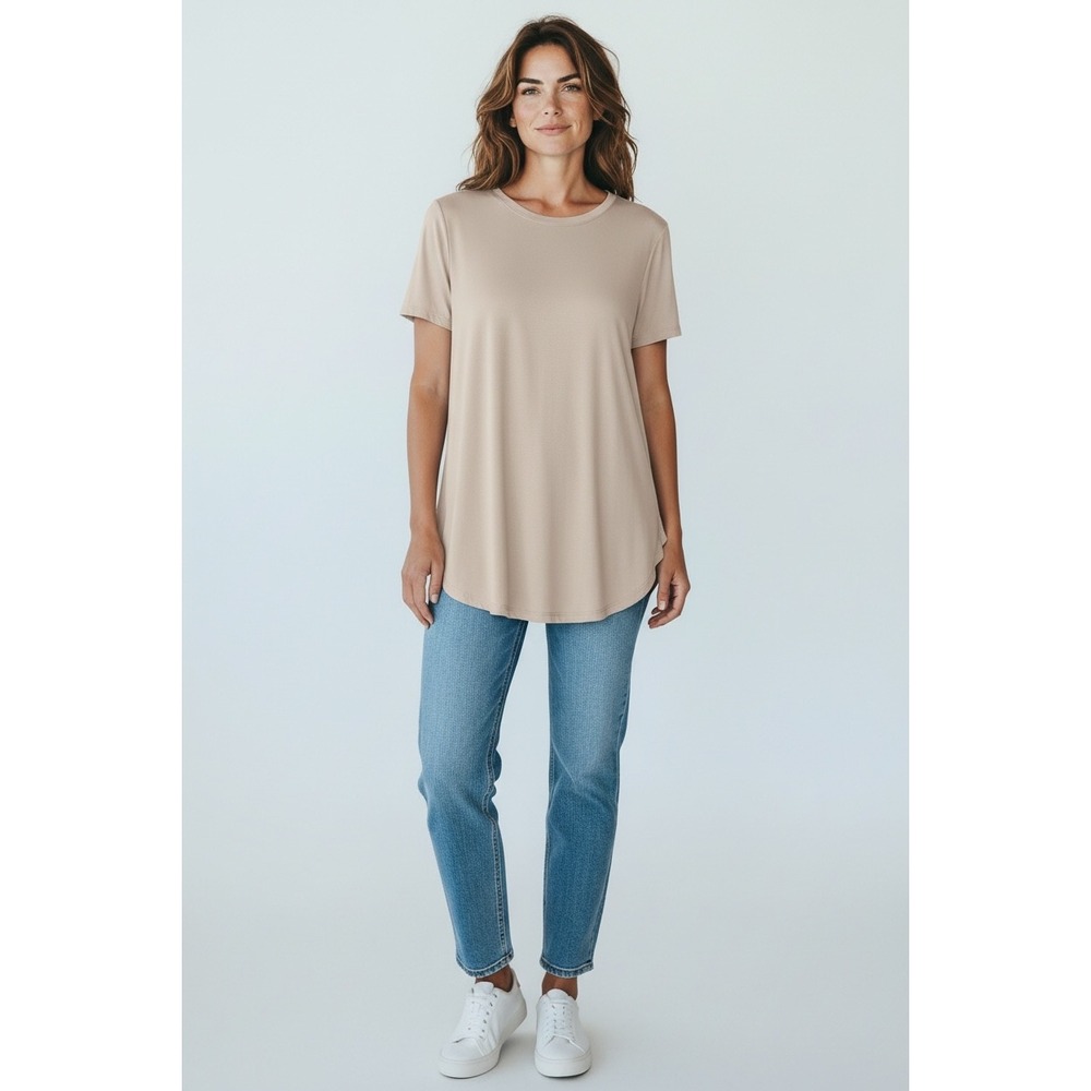 Pinspark Womens UPF 50+ Sun Protection T-Shirt Tan Crew Neck Curved Hem Large